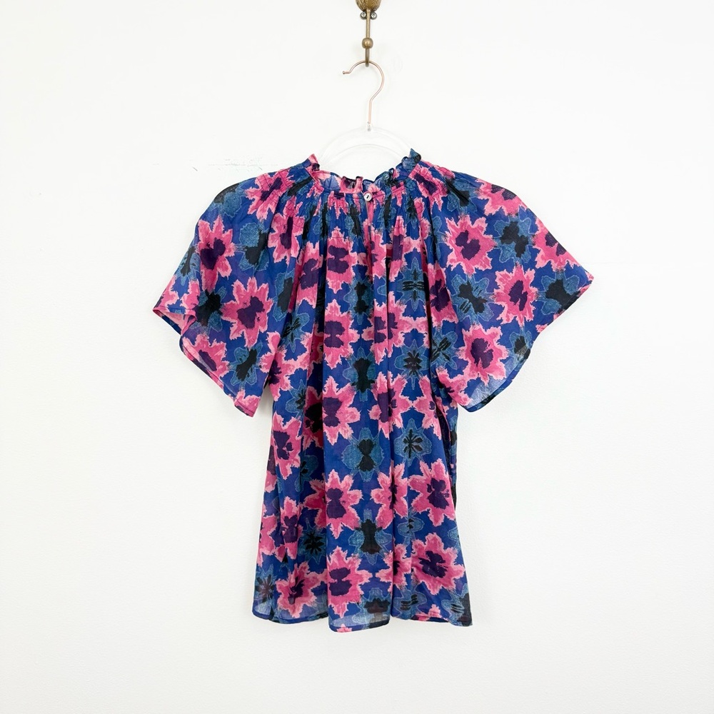 Banjanan Dahlia Smocked Floral Blouse Blue Pink Boho Cotton Top Size S - Picture 5 of 6
